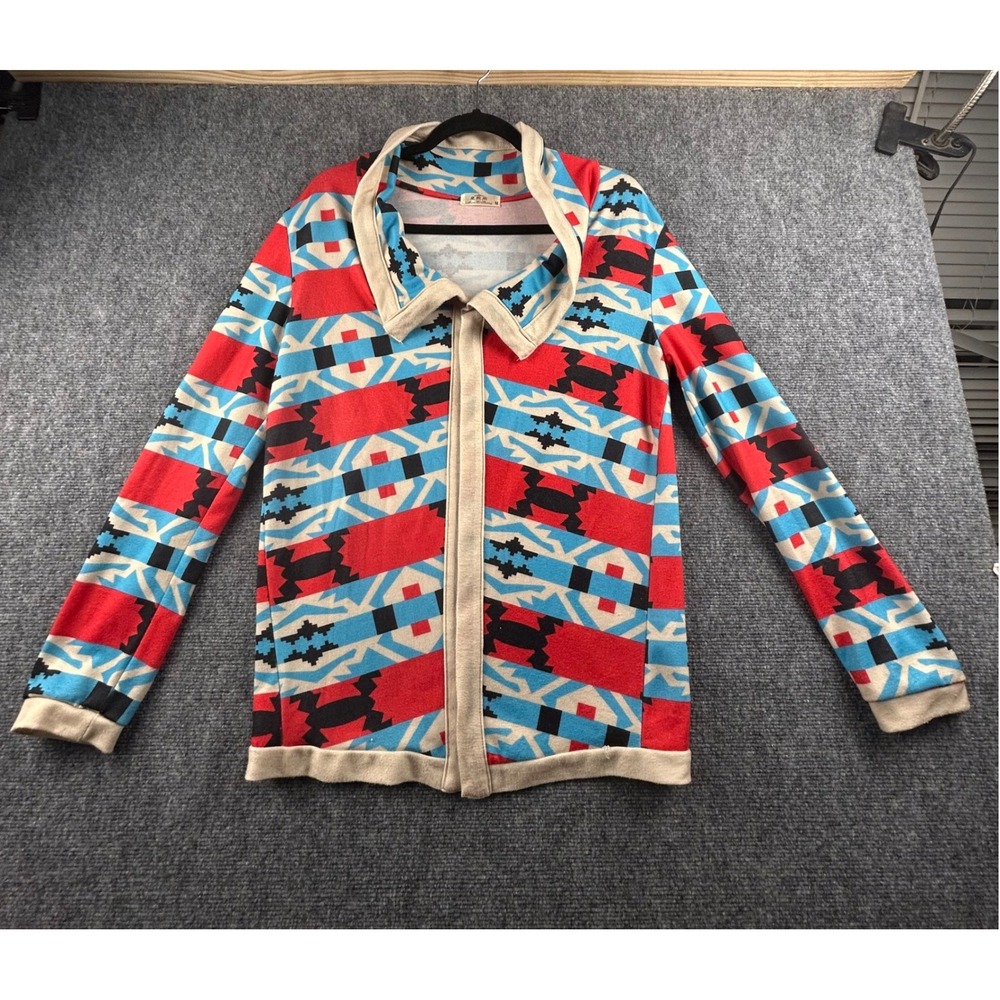 Man Xi Shang Southwestern Geometric Full Zip Knit Jacket Red Blue Tan Medium